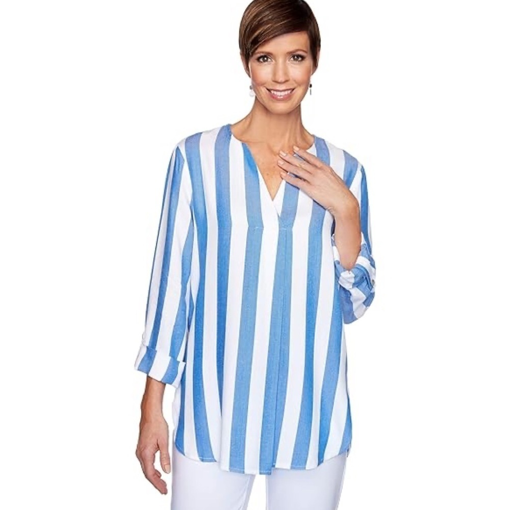 Blue and White Striped Tunic Top Size Large Underarm